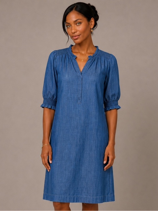 Talbots Dresses & Skirts - Talbots Chambray Tencel Shift Dress Blue Ruffle Sleeve Size L NWT